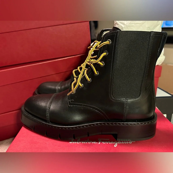 NIB Salvatore Ferragamo Rosco Leather Combat Boots in Black 7.5 - Picture 5 of 14